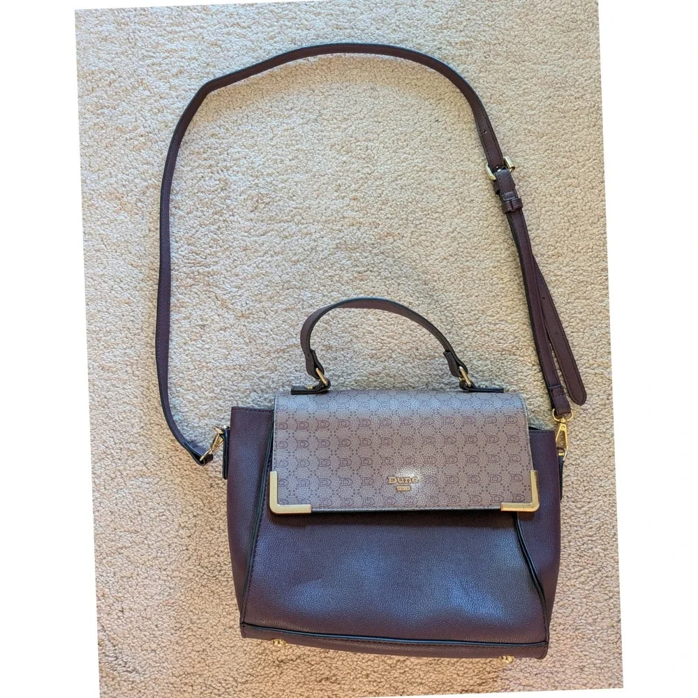 Dune London Plum Purple Monogram Flap Satchel Crossbody Handbag Gold Hardware